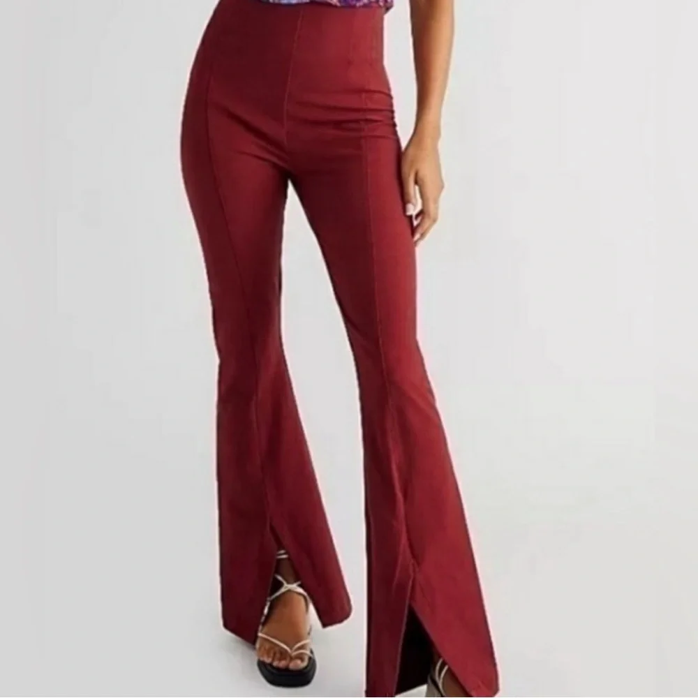 Free People Real Deal High Rise Slit Flare Pants Burgundy 70s Hippie Disco Boho